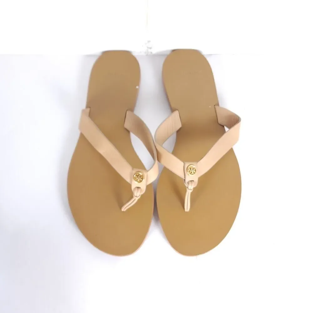Tory Burch Women's Manon US9M Natural Leather Flat Thong Flip Flops Sandals